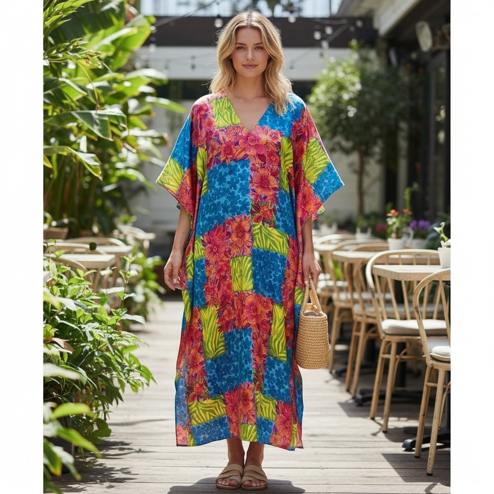 Winlar Caftan Kaftan Dress Vintage Satin Beach One Size Resortwear Tropical